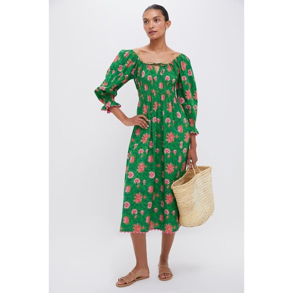 NWT PINK CITY PRINTS Hampi in Emerald Jungle Floral Cotton Midi Dress L